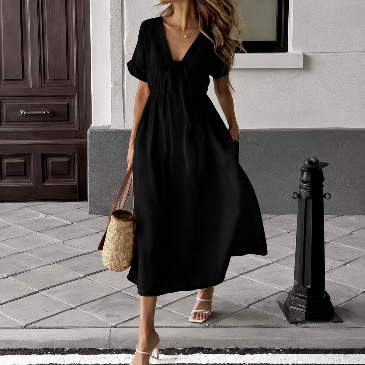 Louise | Robe Longue Fluide à Col V Noué