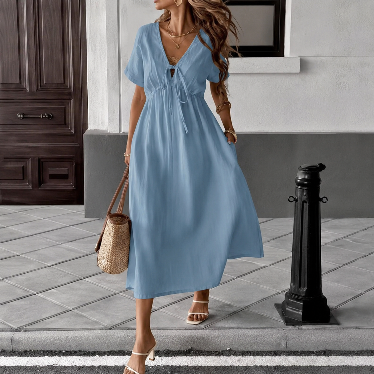 Louise | Robe Longue Fluide à Col V Noué