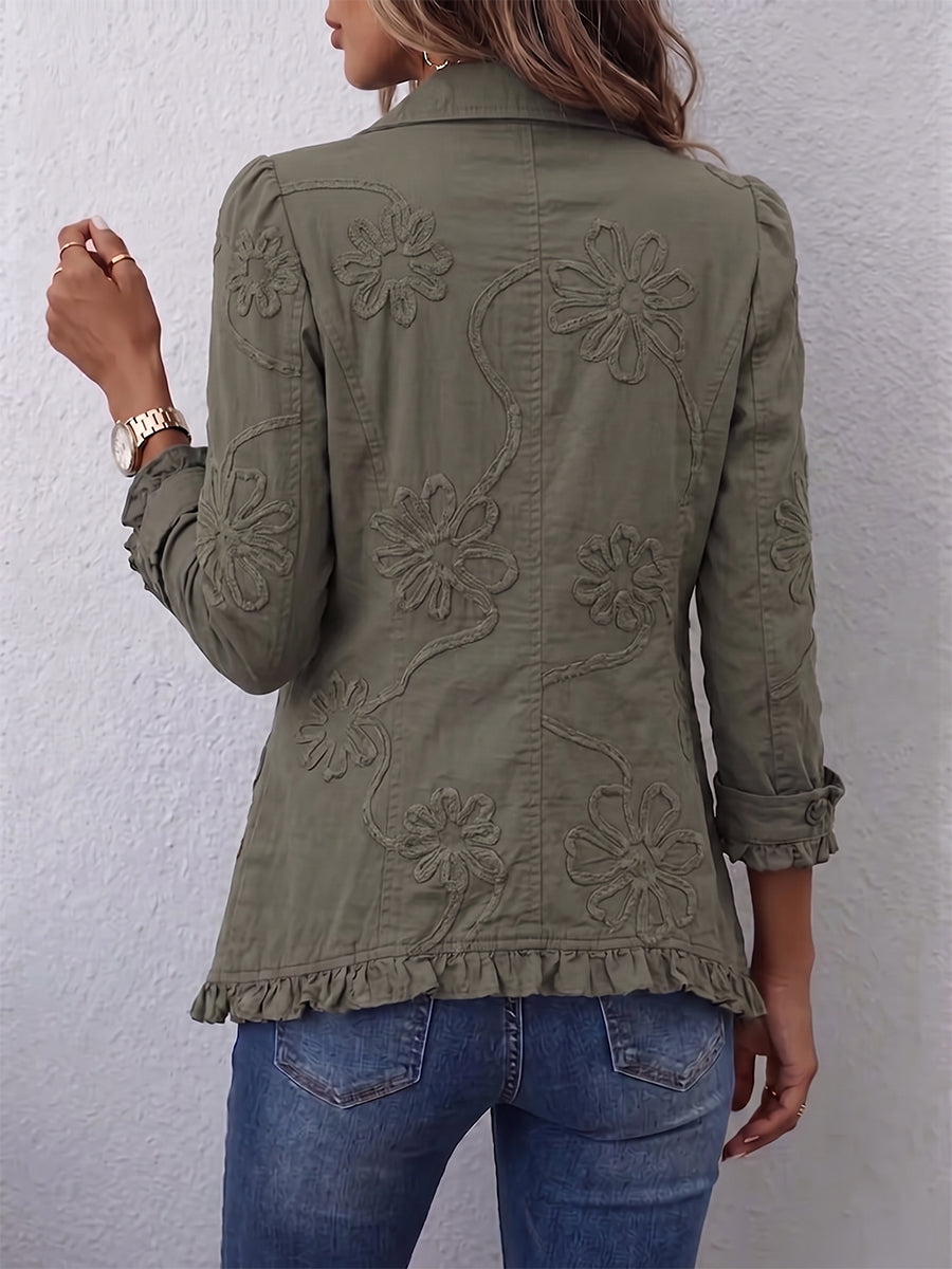 Alexandrine | Chaqueta de estilo bohemio-chic con bordados florales en verde retro y acabados fruncidos