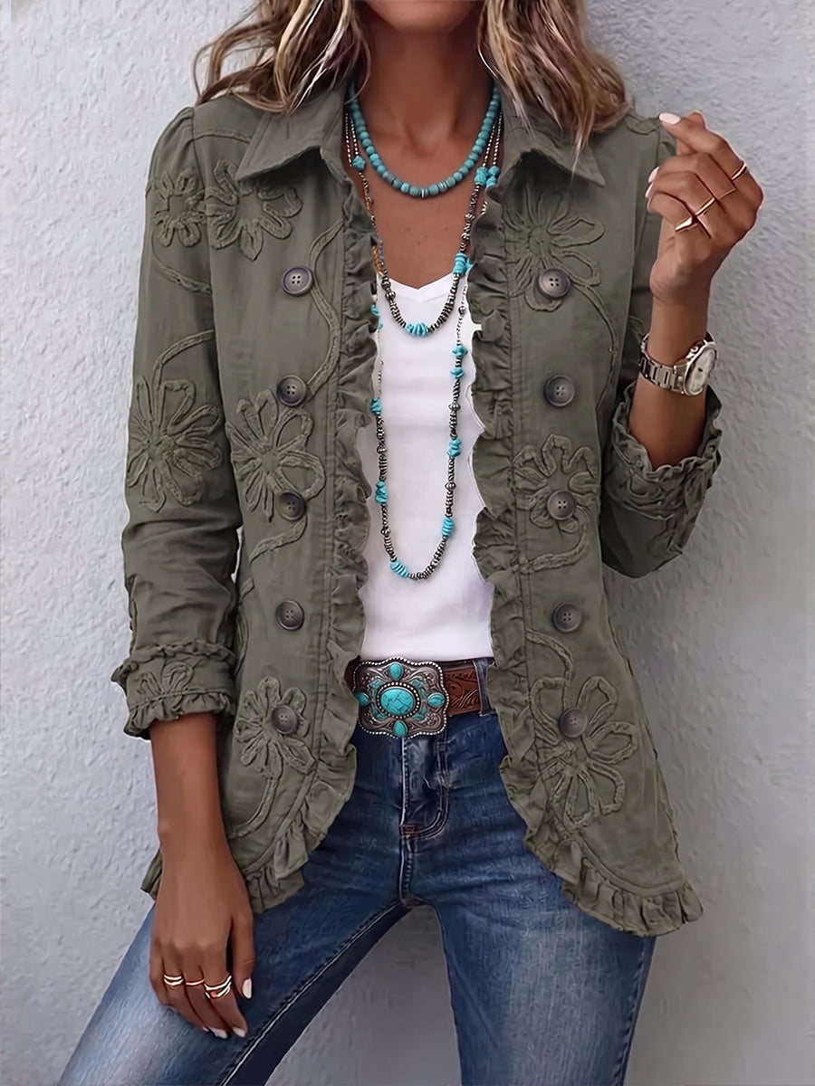 Alexandrine | Chaqueta de estilo bohemio-chic con bordados florales en verde retro y acabados fruncidos